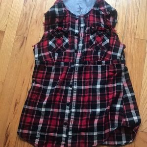 Plaid biker vest with gray hood
